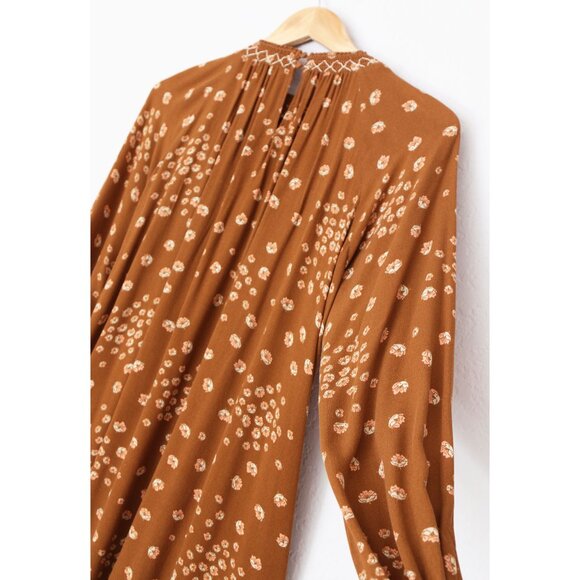 Free People Flowers In Her Hair Brown Boho Tunic Longline S Smocked Ditsy $118 - Picture 10 of 16